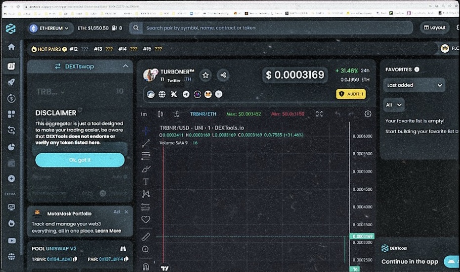 DEXTools price chart for TURBONER™ ($TRBNR) — embedded in Beeple everyday #5853 Casino After Hours